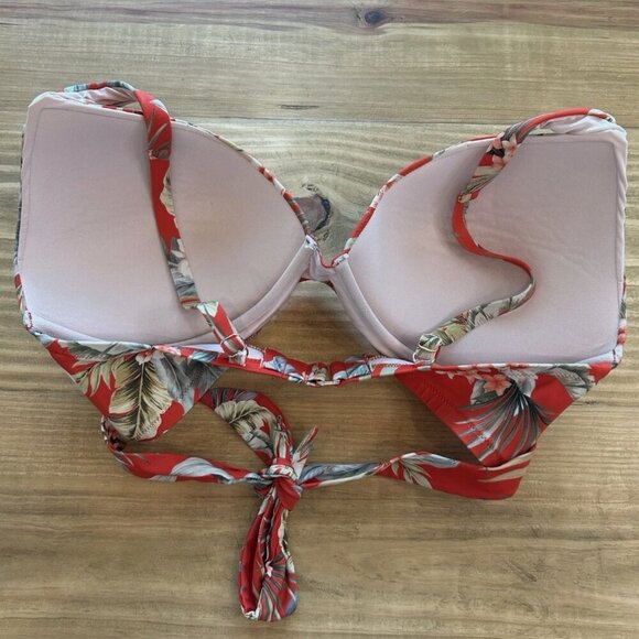 Women's 38 DD Wired Red Tropical Palm Floral Vacation Padded Bikini Swimsuit Top - Picture 3 of 3